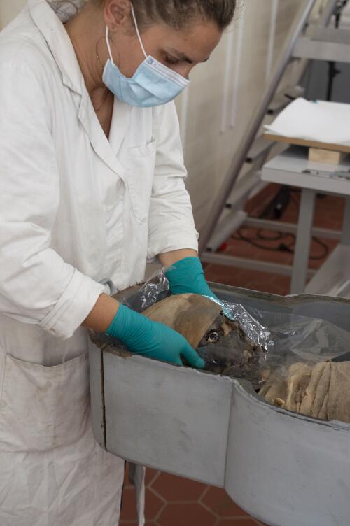 La momie en cours de restauration dans les ateliers du C2RMF ©C2RMF/V. Fournier