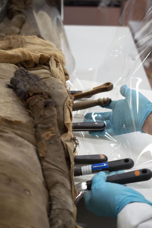 La momie en cours de restauration dans les ateliers du C2RMF ©C2RMF/V. Fournier