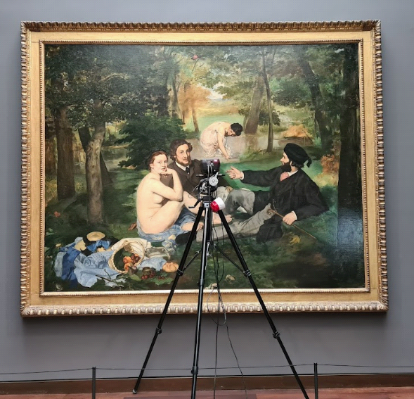 Set-up pour analyses de fluorescence X in-situ au Musée d'Orsay (Edouard Manet, le Déjeuner sur l'herbe, 1863)