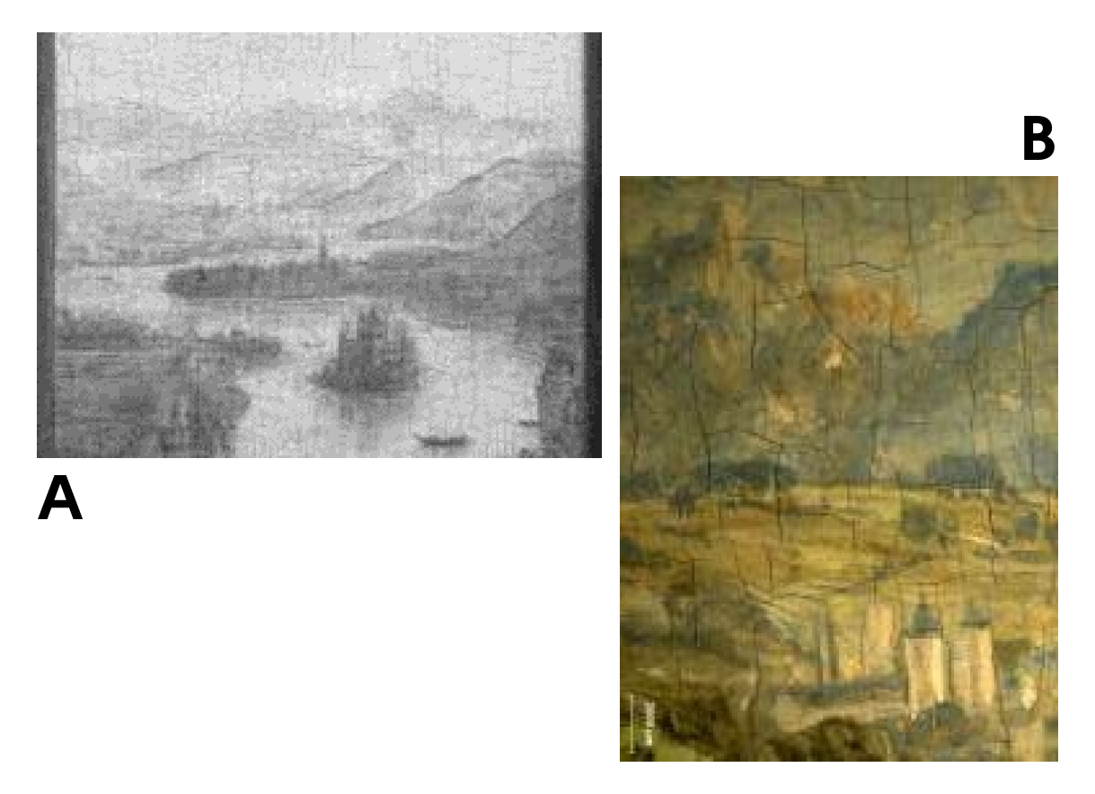 Fig 4 : a : détail de la réflectographie du paysage (JL Bellec-C2RMF) ; b : détail du paysage au microscope (E. Ravaud-C2RMF)