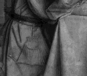 Fig 5 : détail de la réflectographie de la tunique de Rolin (JL Bellec-C2RMF) : la bourse attachée à la ceinture n’a finalement pas été peinte.
