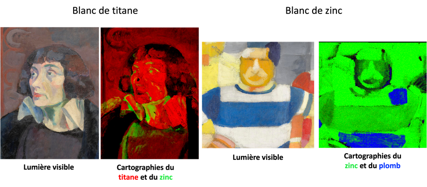 Etude des pigments blancs par analyse de fluo X. Comparaison des images de la distribution de la détection du titane (rouge), zinc (vert), plomb (bleu).