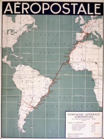 Affiche de la Compagnie générale aéropostale (carte), Circa 1931, Lithographie en couleurs, Musée de l’Air et de l’Espace, inv. 15282.png
