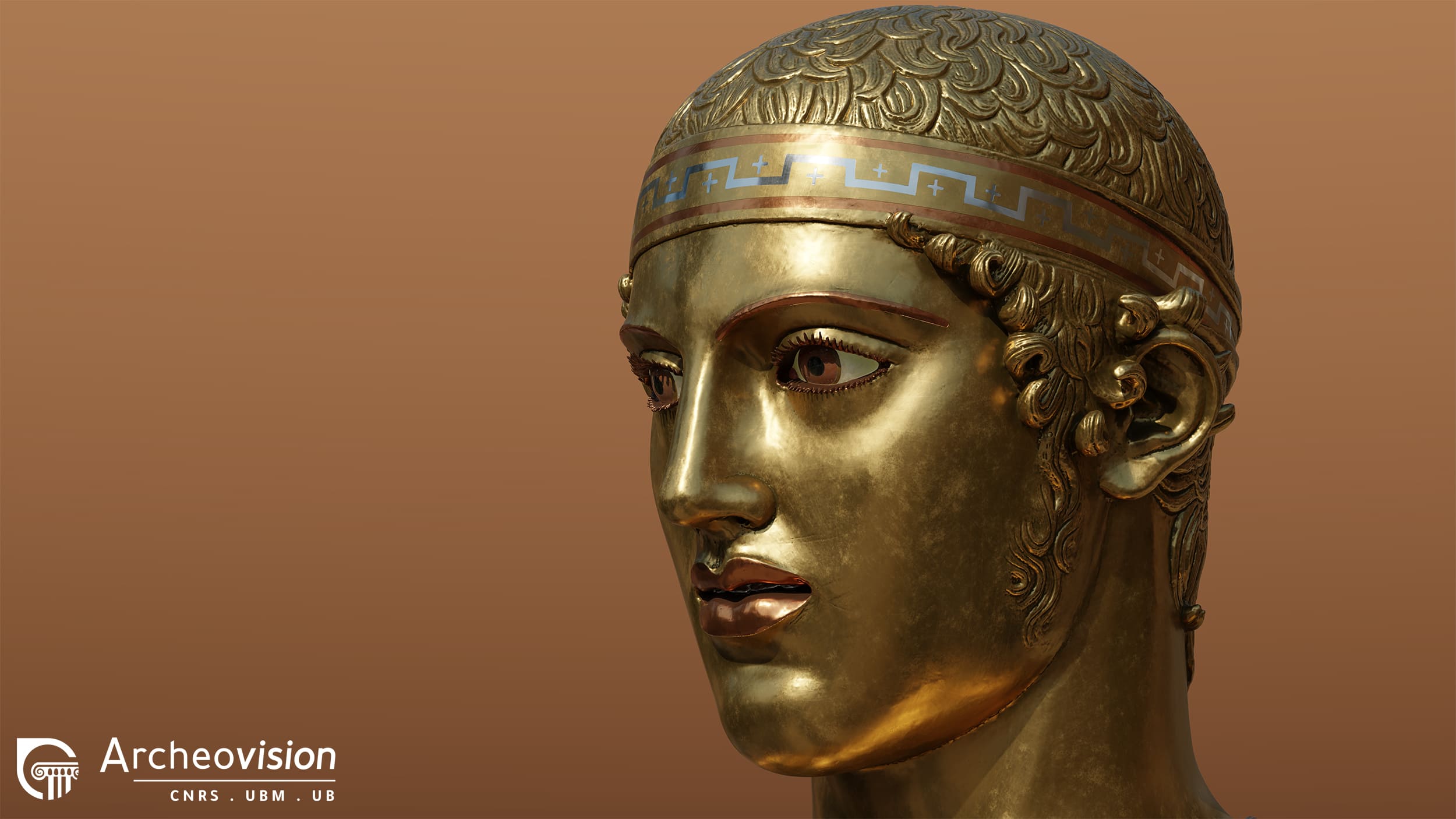 Proposition de restitution 3D du visage de l’Aurige de Delphes d’après l’ensemble des résultats de l’étude ©Archéovision (UMR 6034 Archéosciences Bordeaux)