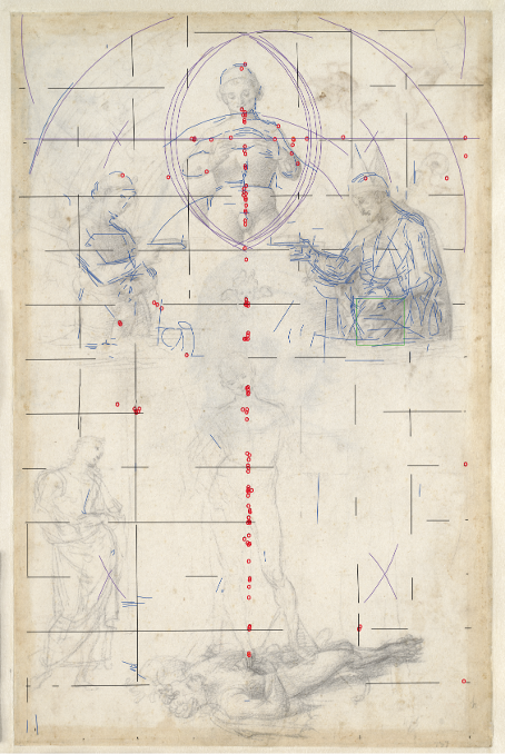 Relevé des tracés incolores (bleu), arcs de cercles (violet) et trous (rouge) observables en lumière rasante. Relevé de la mise au carreau (noir) à partir de la photographie visible et limite de la cartographie de spectroscopie de rayons X (vert)