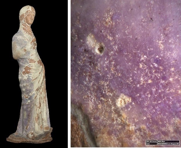 Dame en pourpre, Thèbes, 330-300 av. J.C., Musée du Louvre, inv. MNB 584  et détail du « pourpre grec » sur la tunique