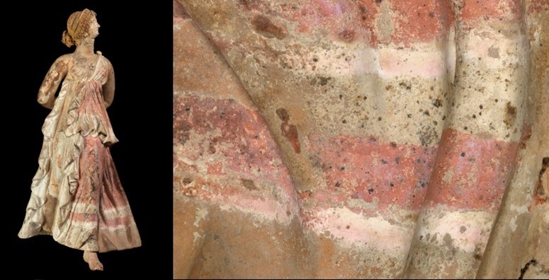 Niké Phainoméride, Tombeau B, Myrina, 150-100 av. J.C., Musée du Louvre, inv. Myr 163 et détail des bandes de la tunique