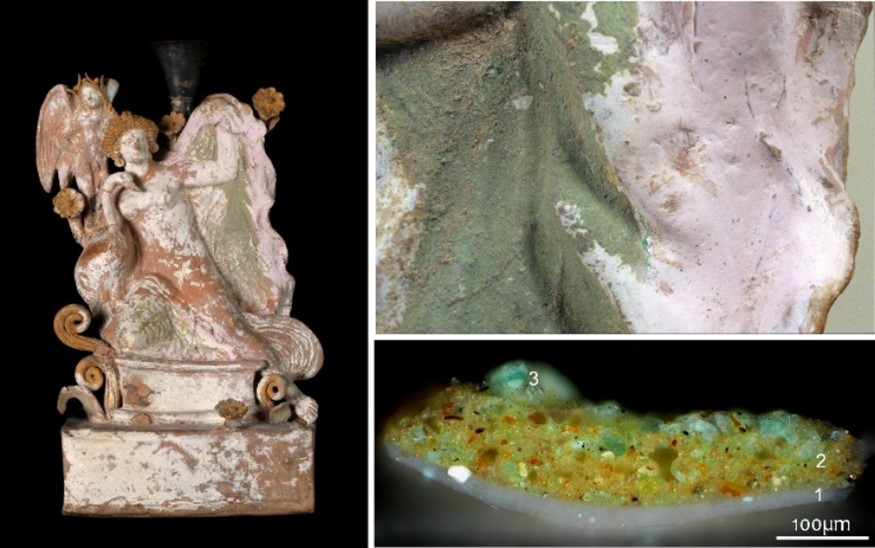 Vase-figurine : Léda et le cygne, Athènes, 375-350 av. J.C., Musée du Louvre, inv. CA 1131, détail du manteau vert bordé de rose et coupe stratigraphique du vert de malachite (3) sur sous-couche jaune (2) (C2RMF, Anne Maigret, Anne Chauvet et Yannick Vandenberghe).