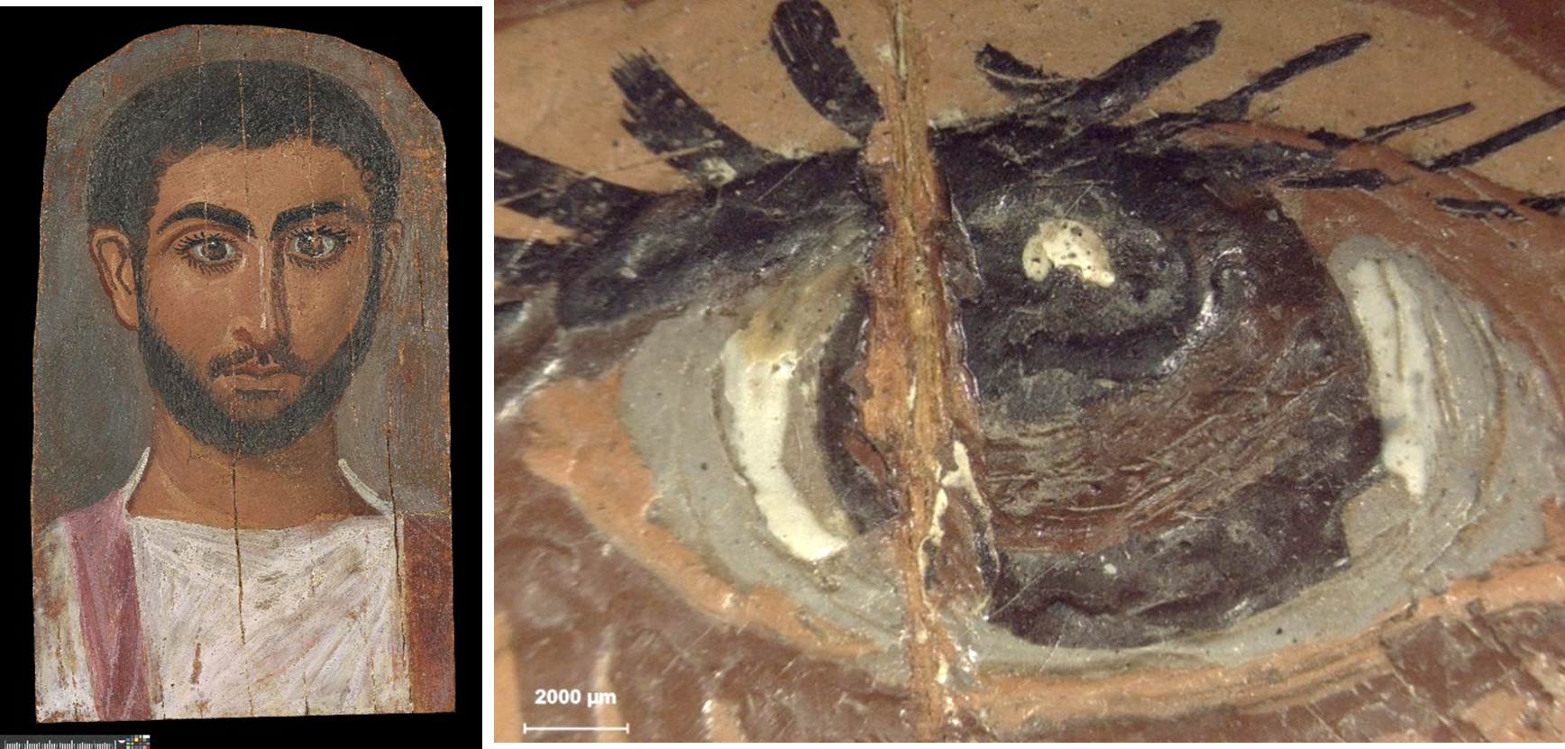 Figure 5 – A gauche, portrait d’homme à l’encaustique, milieu IIe s. ap. J.-C., Département des Antiquités Egyptiennes du Musée du Louvre ©C2RMF A. Maigret. A droite, image sous loupe binoculaire des détails de l’œil dextre ©C2RMF L.png