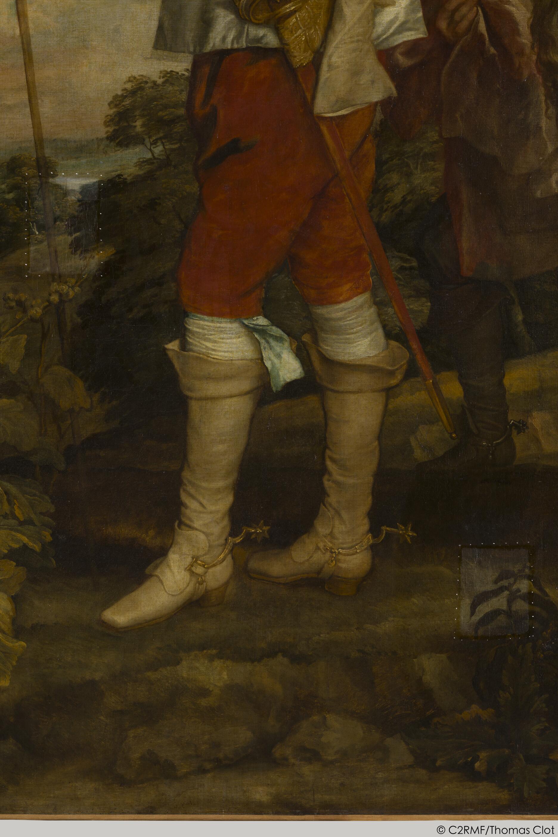 Lumière directe, détail avant restauration, décoloration du glacis rouge.