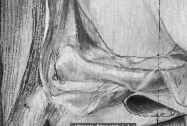 . Détail du manteau de la Vierge. Reflectographie infrarouge, volet dextre fermé. © C2RMF Laurence Clivet.