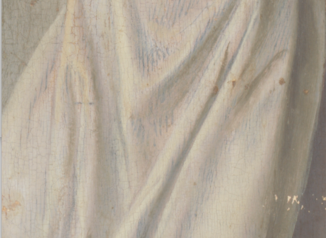 Détail du vêtement de l'ange de droite. photographie en lumière visible, volet dextre fermé. ©C2RMF Thomas Clot