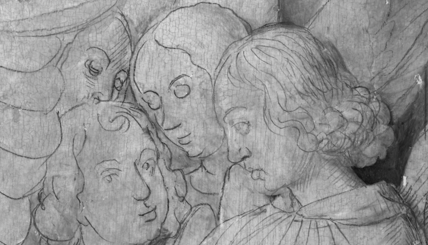 Détail du visage du groupe d'anges. Reflectographie infrarouge, volet senestre fermé. © C2RMF Laurence Clivet.