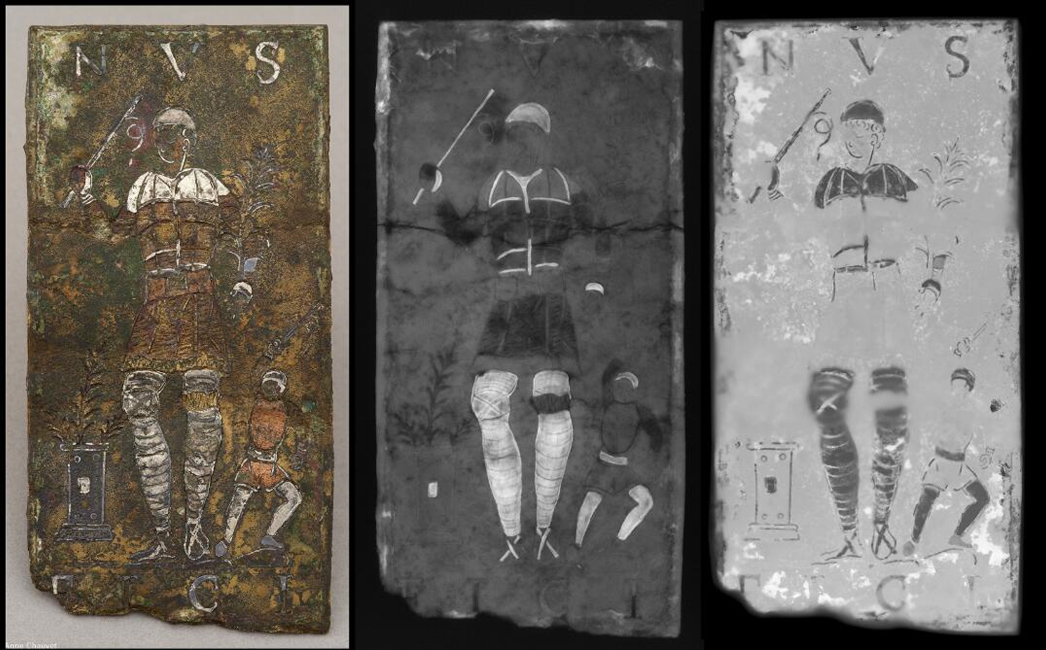 plaque d'Aurige, comparaison d'étude de gauche à droite en lumière réflechie ; en radiographie ; en émissiographie C2RMF Elsa Lambert