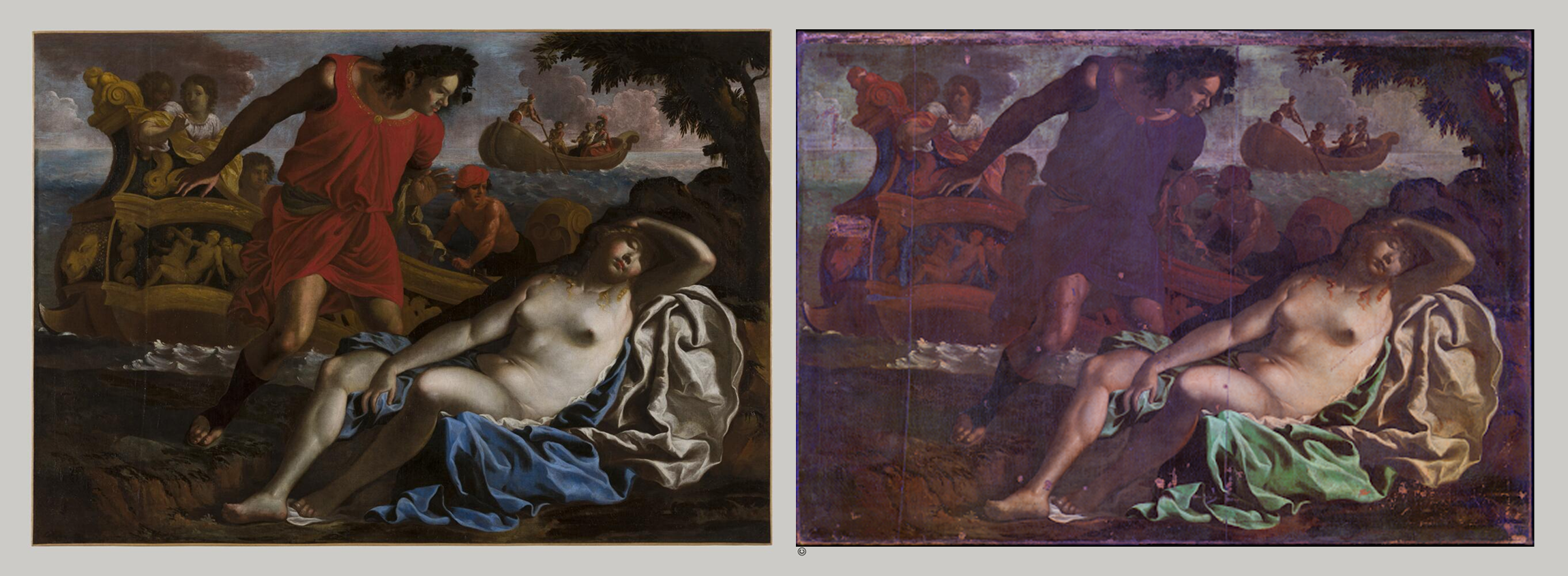 Bacchus et Ariane, Nicolas Poussin, après retrait du vernis: ill. de gauche, pdv dans le visible(SAP3845), illustration de droite en UVFC(Sap3848)