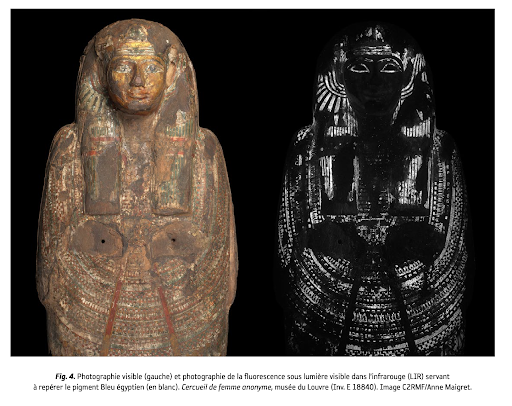 Photographie visible (à gauche) et photographie LIR (à droite) servent à repérer le pigment bleu égyptien. Cercueil de femme anonyme 
