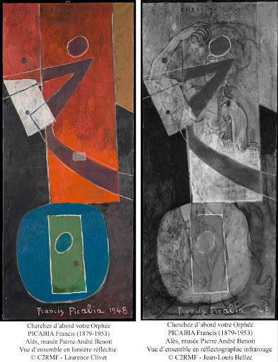 “Cherchez d’abord votre Orphée”, Francis Picabia, en lumière réfléchie (à gauche) et en réflectographie infrarouge (à droite)