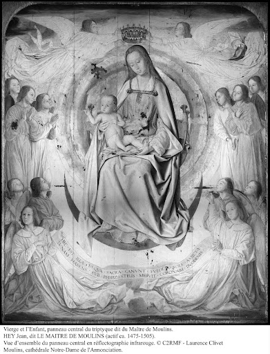 Vierge à l’enfant, panneau central du triptyque de Moulins, Jean Hey, vue d’ensemble du panneau central en réflectographie infrarouge