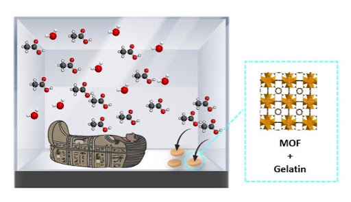 Représentation imagée d’un MOF placé dans la vitrine d’exposition d’un cercueil  afin de piéger les COVs émis
