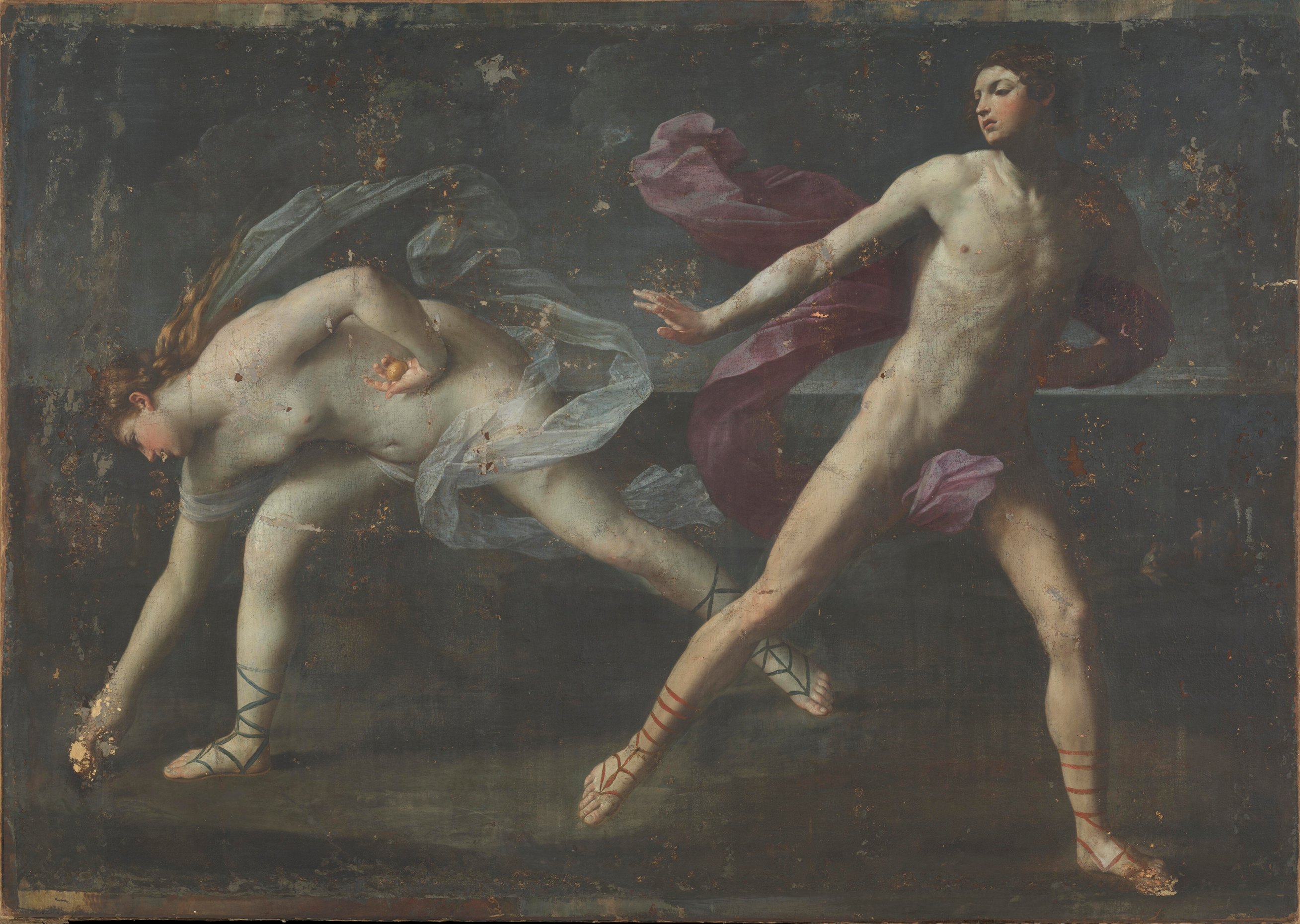 Vision d'ensemble de l'oeuvre, Atalantese trouve à gauche, penchée vers le sol pour prendre une pomme tandis que Hippomène, à droite, lui tend les pommes.