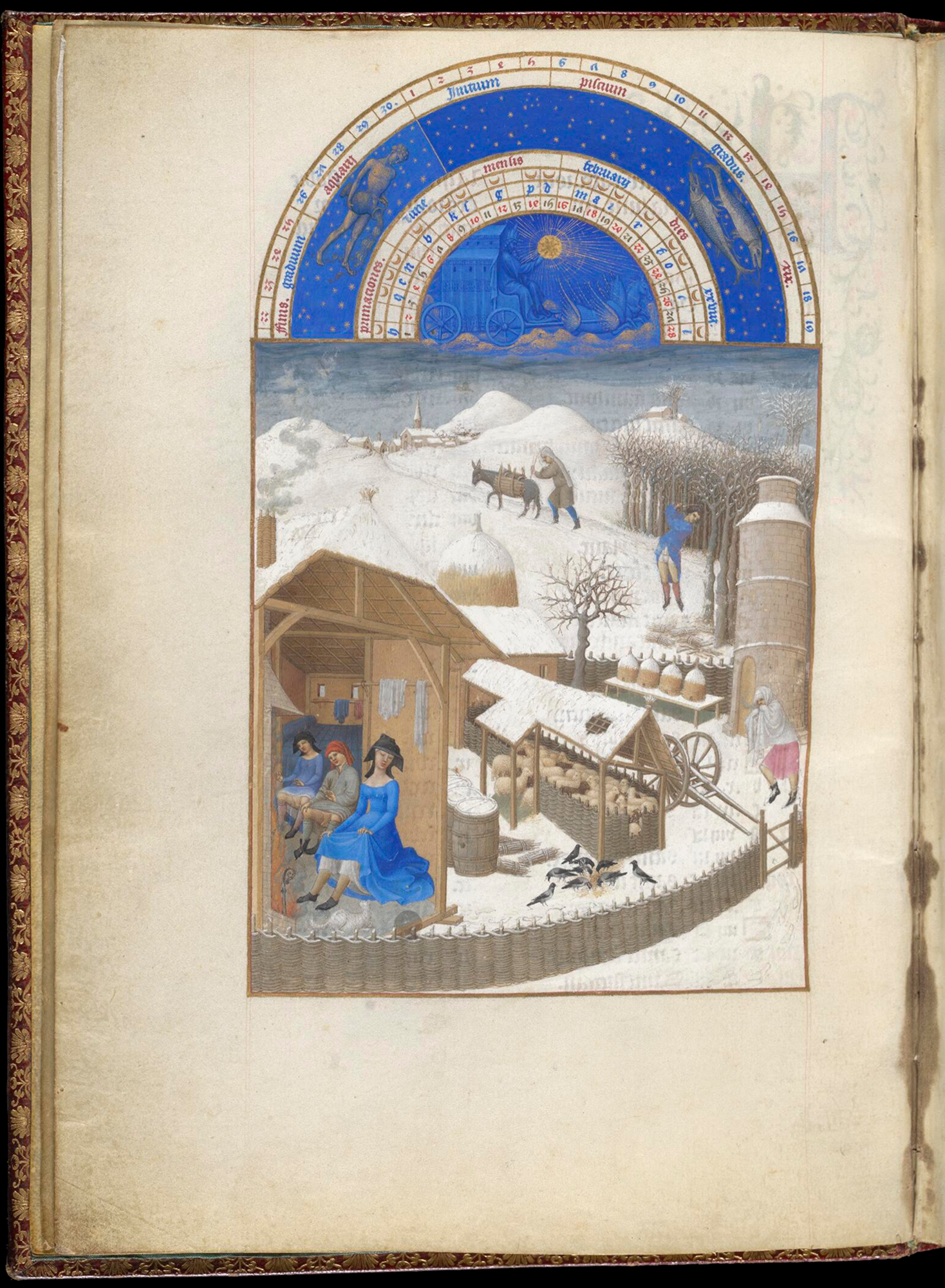 Mois de Janvier, des femmes se réchauffent en bas à droite tandis qu'un homme pousse un âne sous la neige, d'autres encore coupent du bois et font des activités manuels en extérieur, sous la neige.