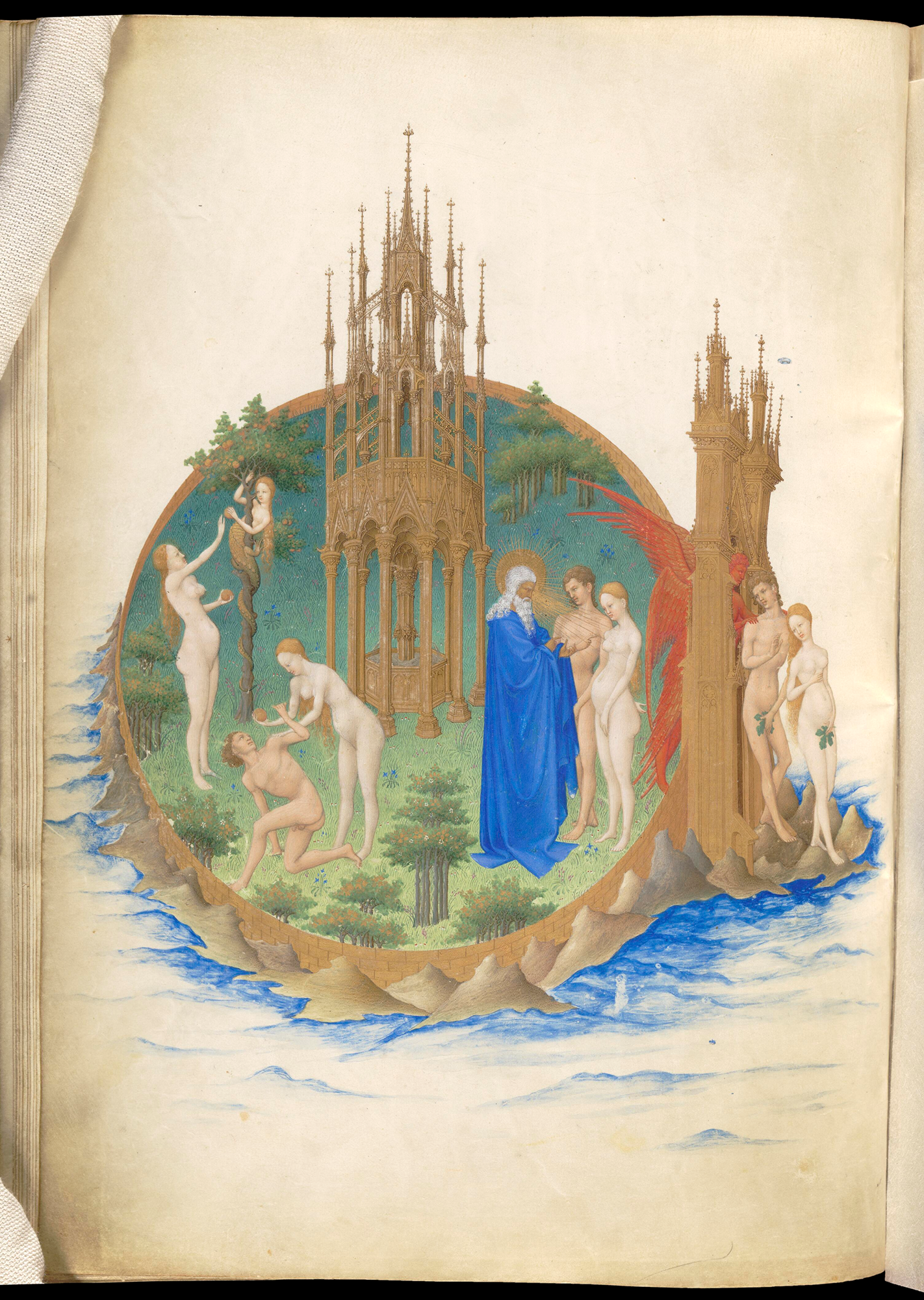 Vision du paradis, la fontaine de Jouvence se trouve au centre avec Dieu légèrement à droite. Tout à droite se trouve la porte du paradis avec un ange qui la garde.