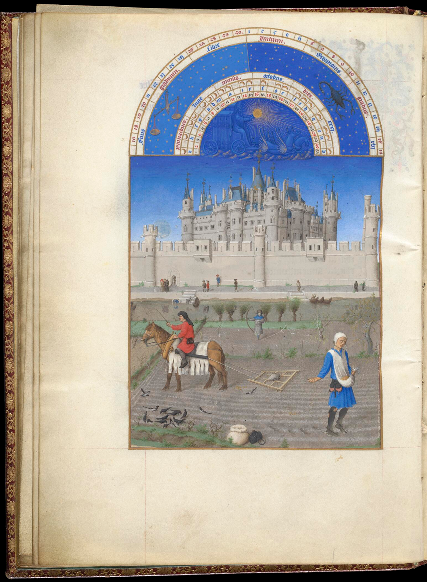 Mois d'octobre, au centre se trouve un immense château et dans les champs au premier plan, un ensemble d'agriculteur en plein labeur