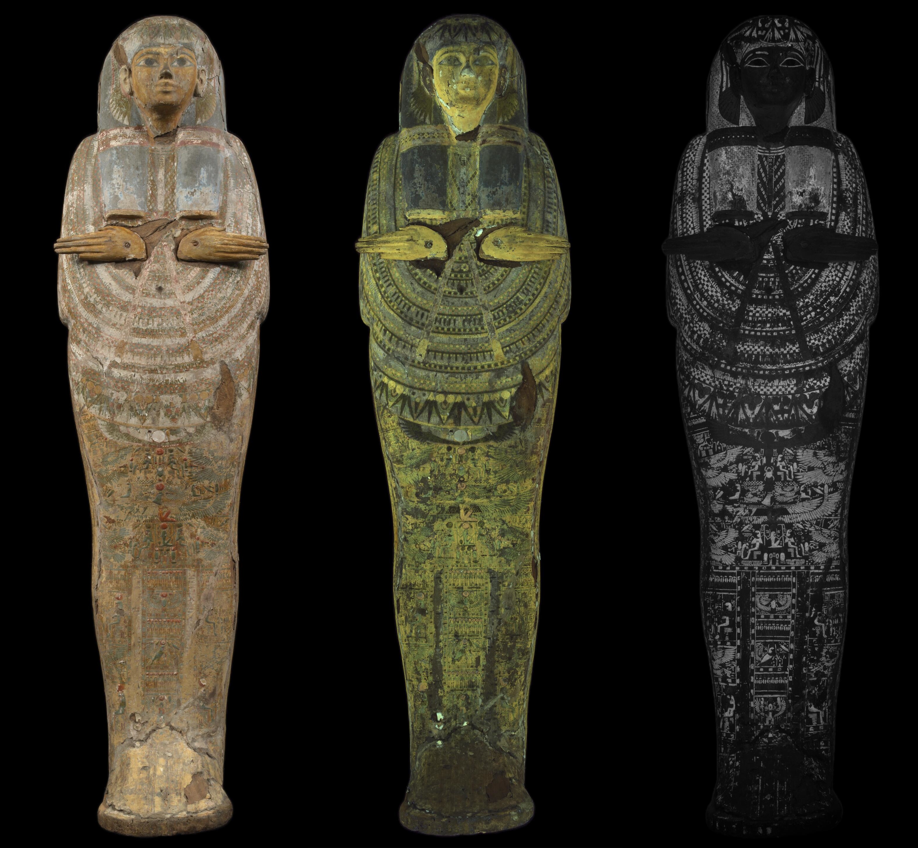  Couvercle du cercueil de Djedmout (XXIe dynastie), La Rochelle, muséum d’histoire naturelle, MHNLR-H.3.594. Photographies en lumière naturelle, sous ultraviolet et en luminescence infrarouge 