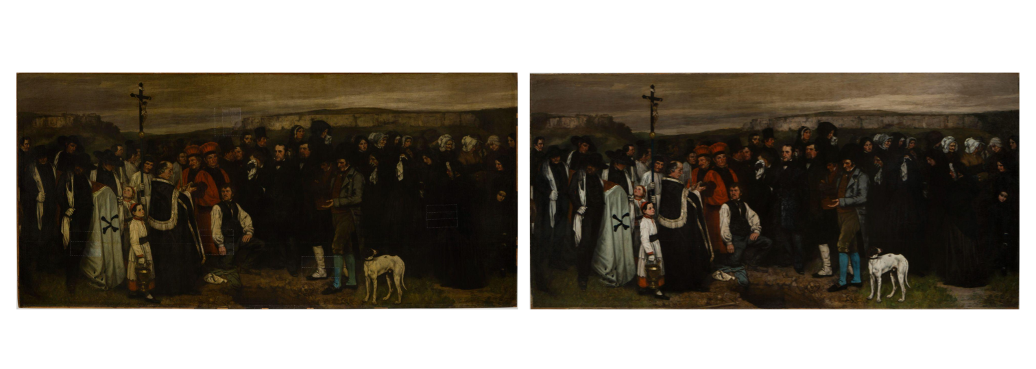 À gauche, avant restauration de face en lumière réfléchie ; à droite, après restauration de face en lumière réfléchie C2RMF Clot Thomas