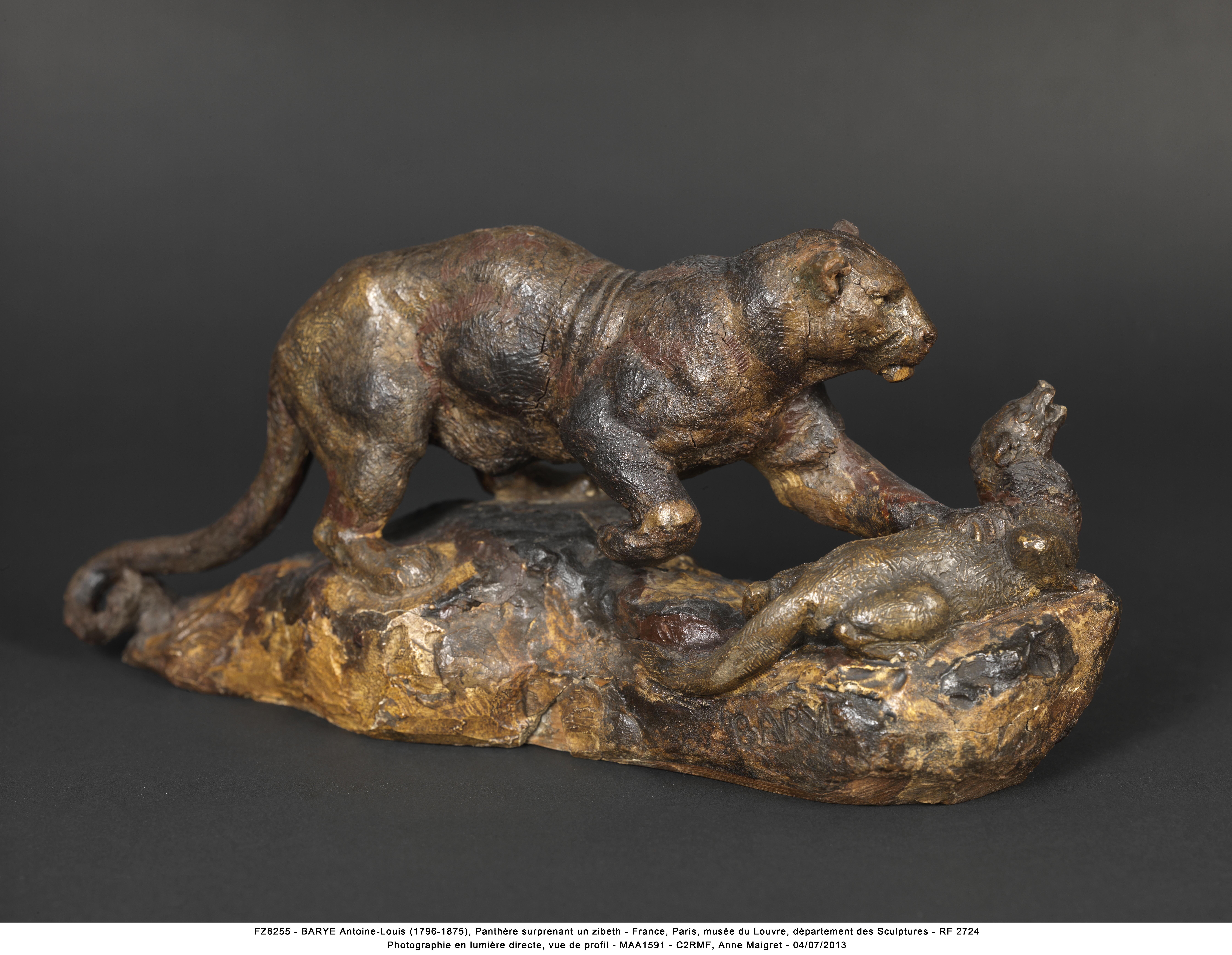 Vue de face depuis la droite, image numérique en lumière réfléchie, avant restauration, de la Panthère surprenant un zibeth d'Antoine-Louis Barye 