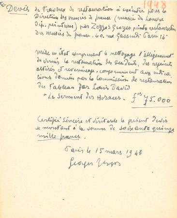 Devis du restaurateur Georges Zezzos Pour Le Serment des Horaces de David, Musée du Louvre (1948)