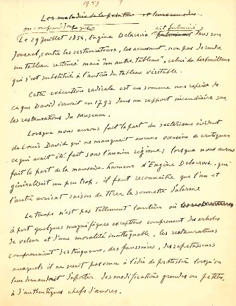 Fonds Goulinat, notes manuscrites sur le rôle du restaurateur pour une conférence (1959)