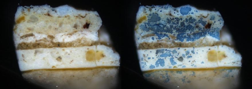 Figure 5 : Coupe stratigraphique de la polychromie de la guimpe de la Vierge de Senonnes au microscope optique en lumière naturelle avant test (à gauche) et après coloration au noir amide 2 (à droite) mettant en évidence la présence d’une émulsion grasse comme liant des couches picturales blanches (©C2RMF, Yannick Vandenberghe).