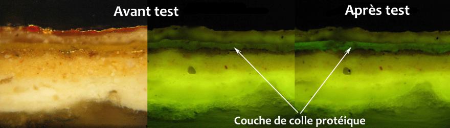 Figure 7 : Coupe stratigraphique 13789 de la polychromie des métopes de la galerie des glaces du château de Versailles au microscope optique en lumière naturelle (à gauche) et sous lumière filtrée, filtre FITC, avant test (au centre) et après coloration avec une solution d’Alexa fluor 488 (à droite) (©C2RMF, Yannick Vandenberghe).