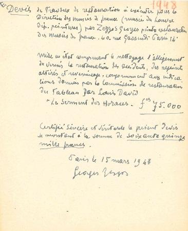 Devis du restaurateur Georges Zezzos pour le Serment des Horaces de David (Paris, musée du Louvre), 1948