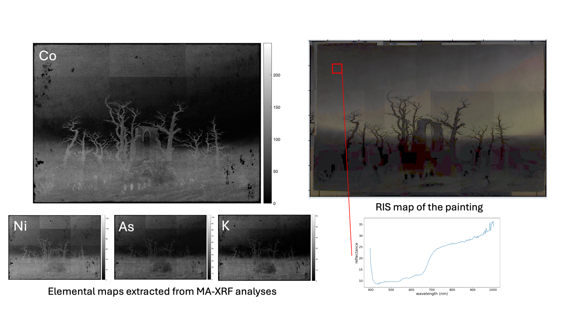 Figure 1. Cartographies chimiques de L’Abbaye dans une forêt de chênes, 1809-10 – Alte Nationalgalerie obtenues par fluorescence X 2D (MA-XRF) et imagerie hyperspectrale (RIS) in situ