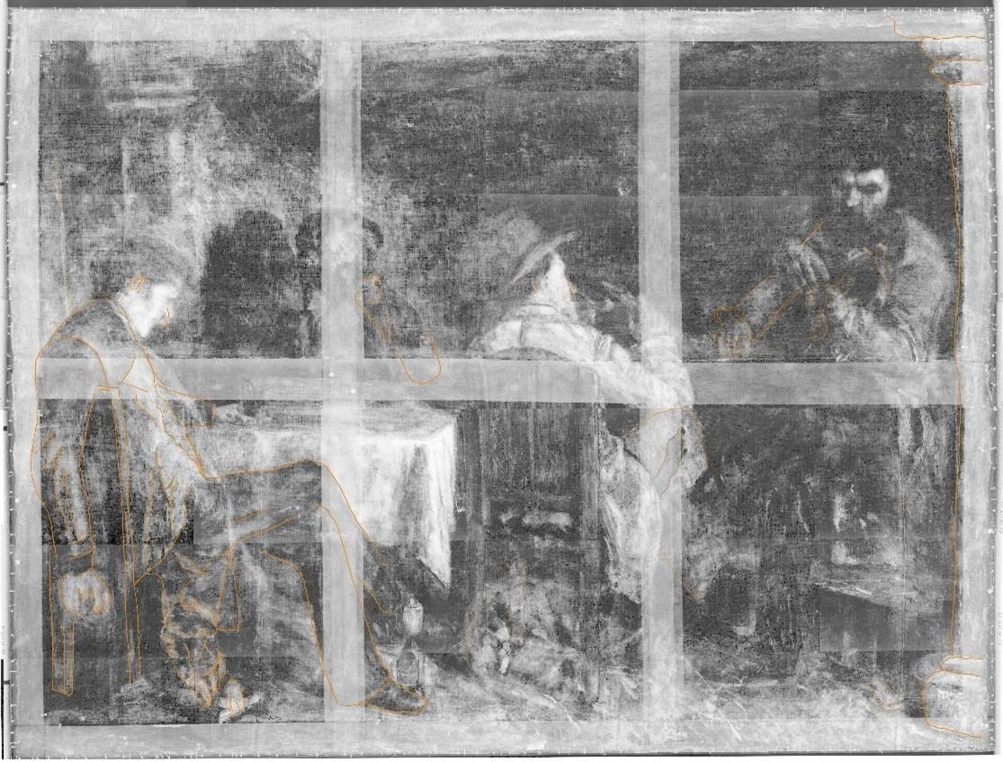 Figure 2 – Gustave Courbet, L’Après-dînée à Ornans, 1849, radiographie – © C2RMF / Laurence Clivet ; relevés des repentirs par Oriane Lavit