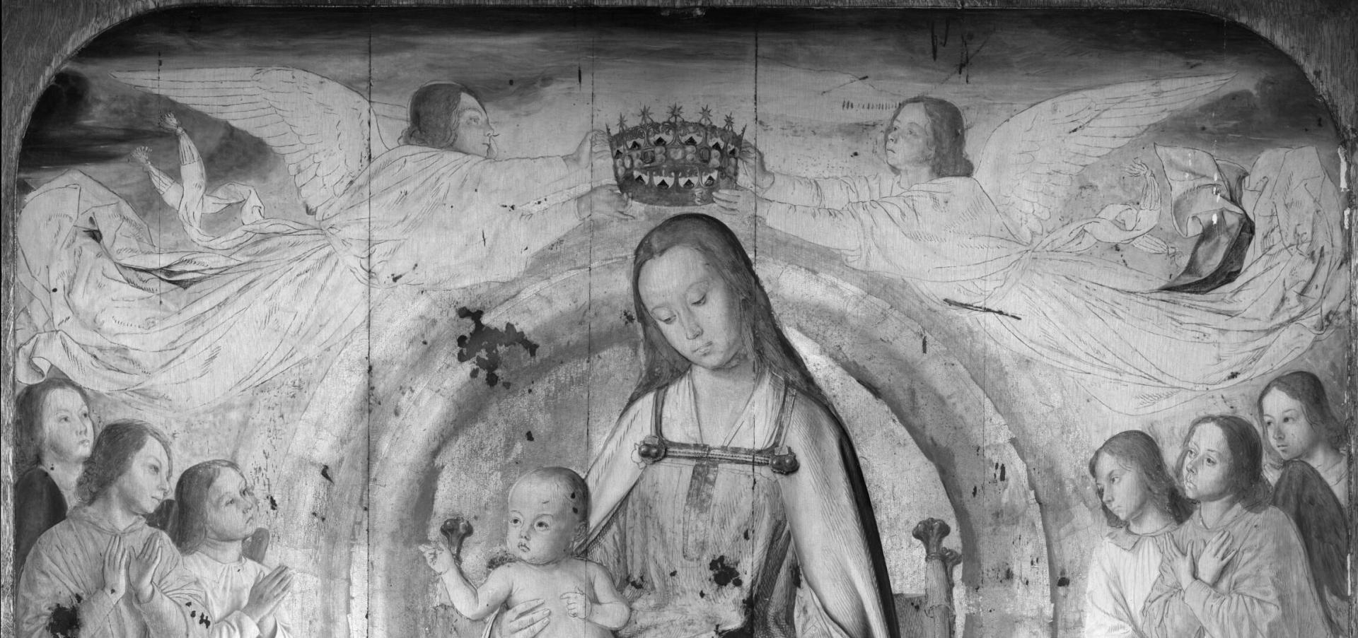 Détail de la moitié supérieure du panneau central en réflectrographie infrarouge. 